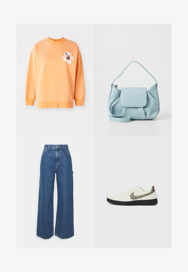 Hanorac din bumbac moale de culoare portocalie deschisă, cu guler rotund și manșete ribelate. Are un grafic floral alb pe partea stângă.; Pantaloni din denim albastru cu talie înaltă și picioare largi, cu o cusătură contrastantă și buzunare laterale, având un design clasic cu cinci buzunare și margini brut.; Nike Sportswear FIELD GENERAL - Sneakers low - off-white/black; Geantă din piele bleu deschis cu mânere de sus, buzunar frontal cu clapetă și curea detașabilă pentru încheietura mâinii, pe un fundal alb.