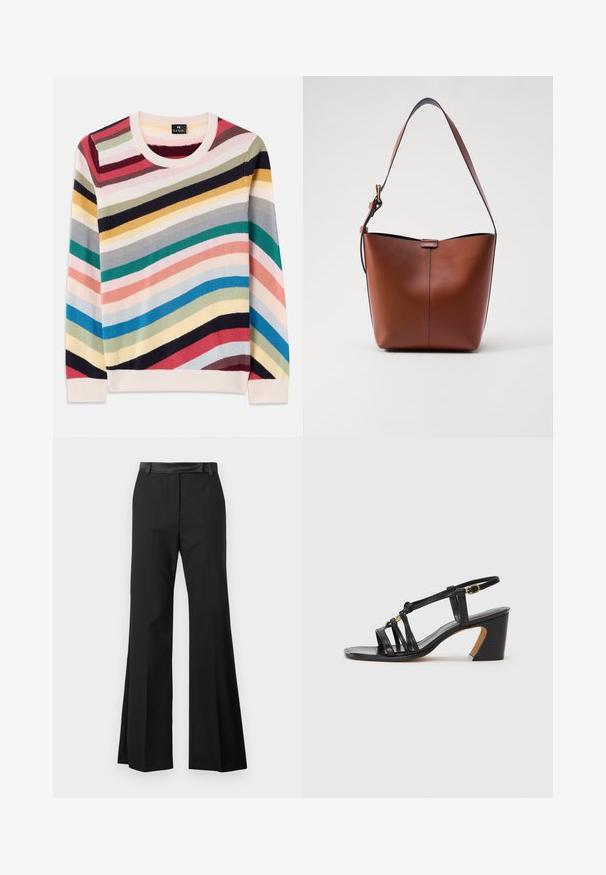 Multicolored sweater with horizontal stripes in pink, blue, green, yellow, and red. Features a crew neckline and ribbed cuffs. Soft knit texture.; Black flared trousers with a smooth fabric finish, featuring a solid waistband and pressed creases for a tailored appearance.; Paul Smith AMIRA - Classic heels - black; Brown leather shoulder bag with a curved shape, smooth texture, and a single thin strap. Features a subtle seam and a small logo detail.