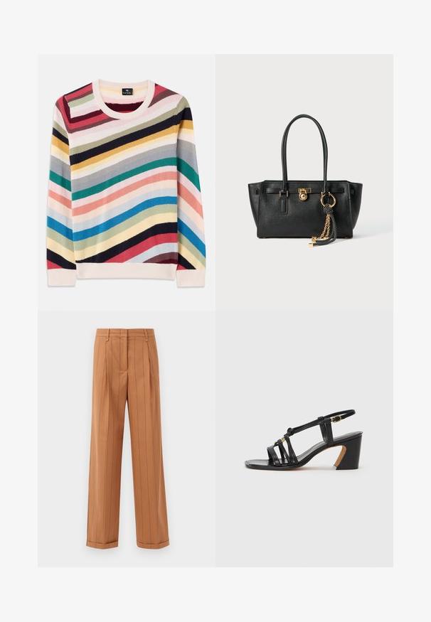 Daugiakampis megztinis su horizontaliomis juostomis rožinės, mėlynos, žalios, geltonos ir raudonos spalvų. Suapvalintas kaklas ir sutrauktos rankogaliai. Minkšta mezginio tekstūra.; Rudos dryžuoti kelnių su pritaikyta forma, pasižyminčios raukšlėmis, tiesiu kirpimu ir apdirbtu kraštu. Pagaminti iš lygios medžiagos.; Paul Smith AMIRA - Klasikiniai aukštakulniai - black; Juoda odinė rankinė su dviem rankenomis, auksiniu užraktu ir grandinėlės detale, bei juodai baltu kutu prieš baltą foną.