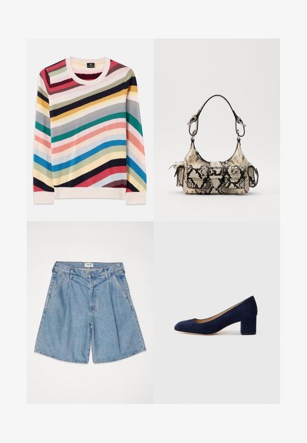 Pulover multicolor cu dungi orizontale în roz, albastru, verde, galben și roșu. Are un gât rotund și manșete ribbate. Textură moale din tricot.; Șorturi din denim de culoare albastru deschis, cu un croi lejer, având talie înaltă, buzunare laterale și închidere cu nasture. Textură decolorată pe întreaga suprafață.; Pantof cu toc din suede bleumarin, cu vârful ascuțit și un toc de înălțime medie în formă de bloc. Textură netedă cu o strălucire subtilă și o mică decupare în față.; Geantă de mână Python-print, în nuanțe de bej și negru, având o formă structurată, detaliu cu cataramă și două mânere pentru umăr. Suprafață texturată.