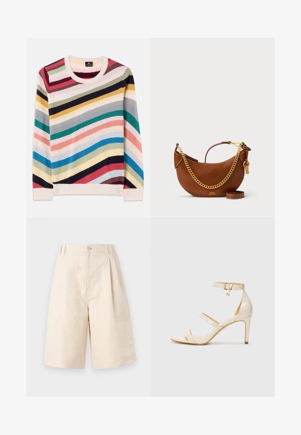 Daugiakampis megztinis su horizontaliomis juostomis rožinės, mėlynos, žalios, geltonos ir raudonos spalvų. Suapvalintas kaklas ir sutrauktos rankogaliai. Minkšta mezginio tekstūra.; Šviesiai rudų lino šortai su laisvu kirpimu, su mygtukų uždarymu, klostuotais raštais ir kelio ilgio kirpimu. Lygus audinys ir paprastas stilius.; Šviesiai rudos aukštakulnės sagaus su plona kulkšnies juostele ir dviem viršutinėm juostelėm. Blizgus lakinės odos apdailos ir auksinė detalių apdaila ant kulkšnies juostelės.; Ruda odinė rankinė su kreiviu dizainu, auksinės grandinėlės dirželiu, vidiniu kišeniu ir nuimamu peties dirželiu. Yra kontrastingų siūlių.