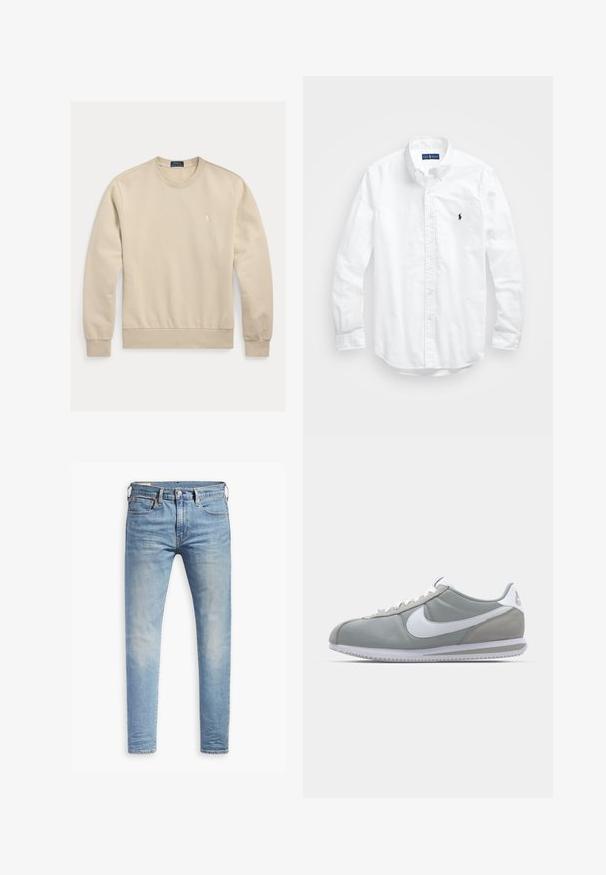 Sweatshirt bege em algodão com decote redondo, punhos e bainha canelados. Apresenta pequeno logotipo bordado no peito. Textura suave, design casual.; Camisa de botões de manga longa branca em algodão. Apresenta um colarinho clássico, punhos com botão e um pequeno logótipo bordado em azul-marinho no peito.; Jeans slim fit em azul claro com leve desbotamento nas coxas, fecho frontal por botão, passantes para cinto e estilo de cinco bolsos sobre um fundo branco.; Sapatilha atlética cinza com um cabedal em camurça e têxtil, símbolo Nike branco e atacadores brancos. Apresenta uma sola de borracha texturizada e colarinho acolchoado.