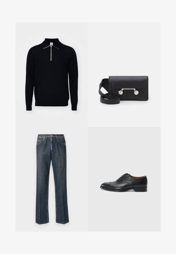 Paul Smith SWEATER - Strickpullover - black; Dunkelblaue, gerade Jeans aus Denim mit vorderem Knopf, Reißverschluss, doppelten vorderen Taschen und sichtbaren vertikalen Falten entlang der Beine.; Schwarze Lederoberlederschuhe mit glatter Oberfläche, abgerundetem Zeh, fünf Ösen für die Schnürsenkel und niedrigem Blockabsatz. Minimalistisches Design mit feinen Nähten.; Schwarze Leder-Umhängetasche mit Klappenverschluss, silberfarbener Hardware und zwei runden Akzenten. Verfügt über einen abnehmbaren Schulterriemen. Glatte Textur.