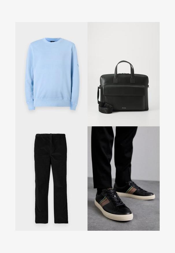 Γαλάζια φούτερ φτιαγμένη από βαμβάκι, με στρογγυλή λαιμόκοψη, μακριά μανίκια, ριμπ μανσέτες και μια διακριτική λογότυπο στο αριστερό μανίκι.; Μαύρο σατέν παντελόνι καμπάνα με ελαστική ζώνη και κορδόνι στη μπροστινή πλευρά, αναδεικνύεται σε λευκό φόντο.; Μαύρα δερμάτινα αθλητικά παπούτσια με πολύχρωμες ρίγες, στρογγυλή μύτη και λευκές καουτσούκ σόλες, με σχέδιο που δένει και ανάγλυφο λογότυπο.; Μαύρη δερμάτινη χαρτοφύλακας με διπλές χειρολαβές, μπροστινή τσέπη και αποσπώμενο ιμάντα, με διακριτική επωνυμία στο κάτω μέρος.