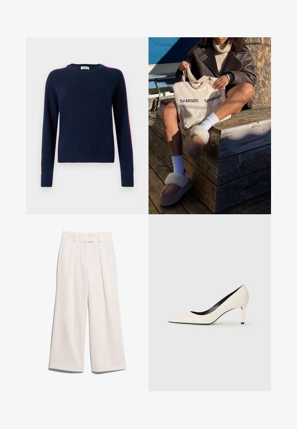 FROM FUTURE - Sweter; Spodnie o szerokich nogawkach w jasnym kolorze kremowym, wykonane z gładkiego materiału, z dwiema przednimi kieszeniami i widocznym szwem na pasku.; Białe lakierowane szpilki z wydłużonym noskiem, smukłym obcasem i czarnym wnętrzem. Gładka faktura i elegancki design.; Beżowa torba tote z napisem "SAMSOE" powtórzonym dwukrotnie, brązowe klapki z białym futerkiem, białe skarpetki oraz brązowy płaszcz z owczej wełny na drewnianej powierzchni.