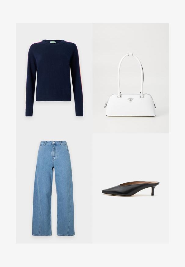 FROM FUTURE BANDE MULTICOLORE AUX MANCHES - Pullover - navy; Jean large bleu clair en denim, avec une taille haute, une coupe droite et des surpiqûres contrastées le long des coutures.; Mules en cuir noir avec un bout pointu et un petit talon carré. Texture lisse avec un design épuré. Dos ouvert avec un minimum de détails.; Sac à main en cuir blanc avec une forme courbée, présentant un logo triangulaire argenté et une fermeture à glissière. Texture lisse et doubles poignées.