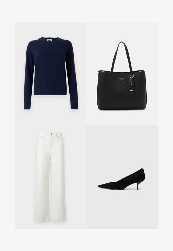 FROM FUTURE BANDE MULTICOLORE AUX MANCHES - Svetrík - navy; Samsøe Samsøe SHELLY - Džínsy voľného strihu - clear cream; Čierne semišové lodičky s špicatou špičkou a úzkym, nízkym opätkom. Hladká textura s elegantným dizajnom, bez viditeľných kovových súčiastok.; Čierna taška cez plece vyrobená z textúrovaného syntetického materiálu, so zatahovacími popruhmi, zlatou logovou tabuľkou a malou značkou s akcentovou detailou.