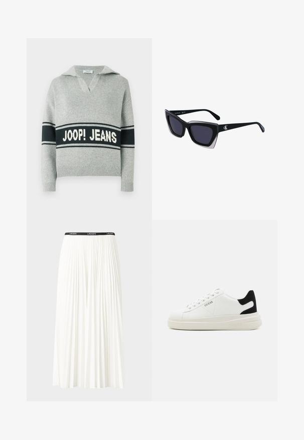 Hellgrauer Strickpullover mit breitem schwarzen Streifen und weißem "JOOP! JEANS"-Schriftzug auf der Brust, offenem Kragen sowie gerippten Bündchen und Saum.; Faltenrock aus Weiß mit einem schwarzen elastischen Bund, der das "LACOSTE"-Logo trägt. Mittellanges Design mit weicher Textur.; Weiße Leder-Sneaker mit einer dicken weißen Sohle, schwarzem Wildlederakzent an der Ferse und geprägtem Logo an der Seite. Schnürdesign mit sechs Ösen.; Schwarze übergroße Sonnenbrille mit geometrischer Form, ausgestattet mit dunklen Gläsern und einem kontrastierenden grauen Detail im Rahmen. Logo am Bügel.