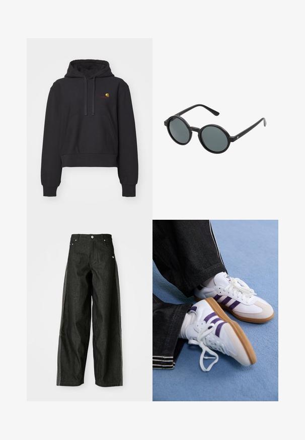 Juodas trumpas megztinis, pagamintas iš minkštos medžiagos, turintis kengūros tipo kišenę, su raišteliu reguliuojamą kapuci ir išsiuvinėtą logotipą geltona ir raudona spalvomis.; Juodi džinsiniai plačios kojos kelnės su baltomis šoninėmis juostelėmis, turi priekinės kišenes, mygtukų užtraukimą ir subtilų logotipą šalia juosmens.; Balti sportiniai batai su violetiniais dryžiais ir rudu guminiu padu, su apvaliais raišteliais ir paminkštintu apykakle. Dėvimi su tamsiai mėlynomis džinsinėmis kelnėmis.; Apvalūs akiniai nuo saulės su juodu plastiko rėmu ir tamsiai pilkais lęšiais. Yra plonos, tiesios kojelės su minimalistiniais akcentais.