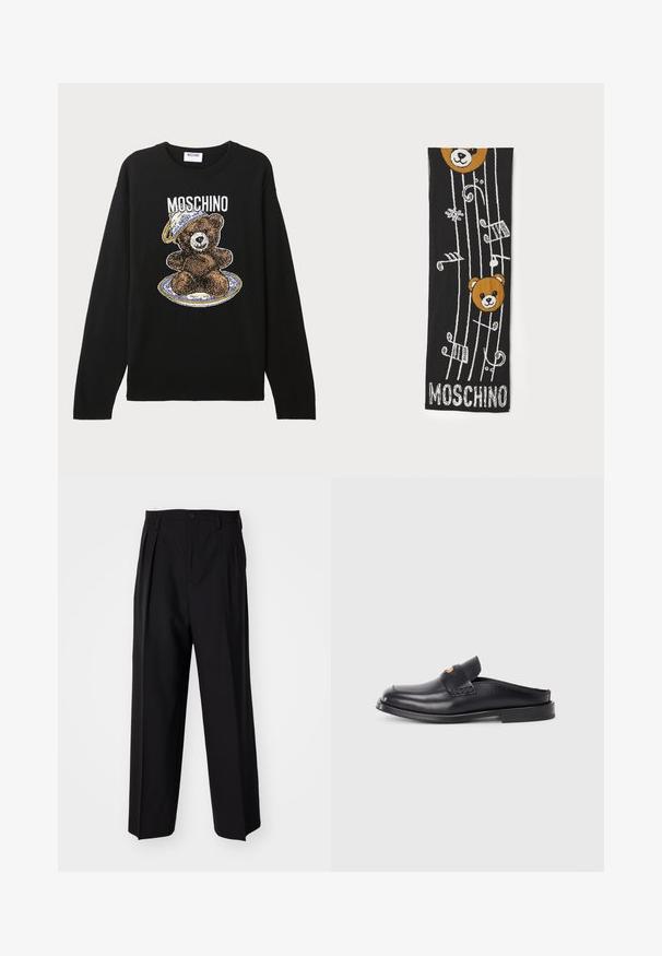 Fekete kötött pulóver, amelyen egy kalapos medve grafika látható, körülötte egy tányér mintázat. A felirat: "MOSCHINO" a medve felett.; Fekete, pliszírozott nadrág, egyenes, széles lábakkal. Sima anyagból készült, gombos záródással és övhurkokkal rendelkezik.; Fekete bőrcipő, amelyet könnyen le lehet húzni, lekerekített orral, alacsony sarokkal és szőtt díszítéssel a felső részen. Minimalista stílus és sima textúra jellemzi.; Fekete kötött sál, melyen két barna medvefej, zenei jegyek és fehér "MOSCHINO" felirat található az alján. Puha tapintású, részletes mintázattal.