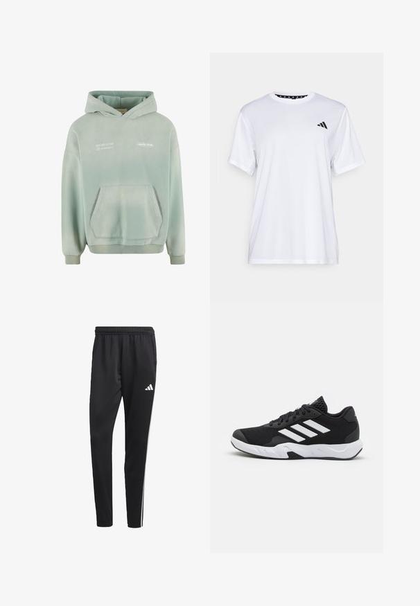 Lys grønn hettegenser med kengurulomme, ribbede mansjetter og nederkant. Har hvit trykte tekst foran og en myk, strukturert overflate.; Hvit trenings T-skjorte med korte ermer, laget av fukttransporterende stoff. Har en svart logo på venstre bryst og et mønstrete innvendig halsåpning.; Sorte treningsbukser med en elastisk midje, hvite side.striper og en liten hvit logo på låret. Laget av et glatt, lett materiale.; Sorte joggesko med teksturert mesh-overdel, hvite aksentstriper, en polstret såle og en forsterket hæl for støtte.