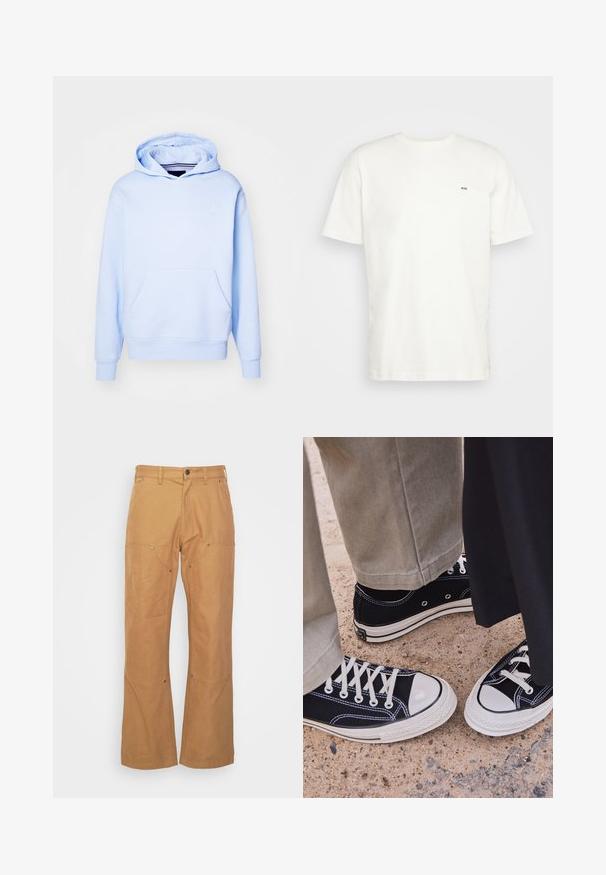 Gaiši zila kapuce, izgatavota no mīksta auduma, ar priekšējo kabatu, ribotām piedurknēm un nelielu baltu logo uz krūšu daļas.; Balta kokvilnas t-krekls ar apaļu izgriezumu, īsām piedurknēm un mazu melnu "W.W." logotipu kreisajā krūtī. Gluda tekstūra, regulāra piegrieznes.; Beige kravu bikses, kas izgatavotas no izturīga auduma, ar sānu kabatām, metāla detaļu akcentiem, taisnu kāju griezumu un parastu vidukli.; Melni kanvas sporta apavi ar baltām gumijas pirkstgaliem un auklēm. Kontrastējoša dūkošana un metāla acu caurumi piešķir akcentus. Valkāti ar beidžu krāsas biksēm un melnu audumu.