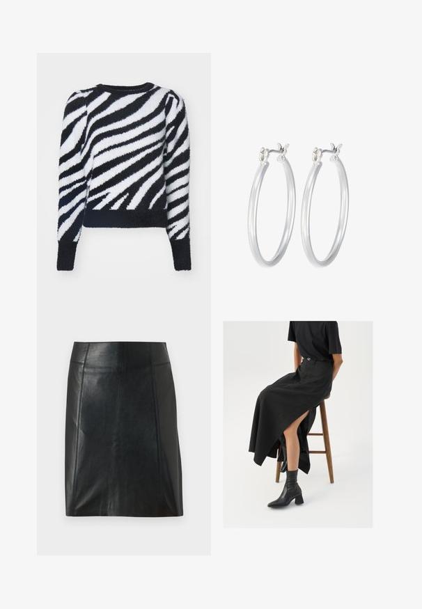 Čierno-biely nadýchaný sveter s pruhovaným vzorom zebry, okrúhlym výstrihom a dlhými rukávmi, so skráteným lemom a mäkkou textúrou.; Čierna kožená sukňa s priliehavým strihom. Hladká textura, švy zvýrazňujúce tvar a rovný lem. Minimalistický a elegantný vzhľad.; Čierna ľanová maxi sukňa s vysokým rozparkom, nosená s čiernym tričkom a čiernymi členkovými čižmami. Minimalistický dizajn s voľným strihom.; Strieborné kruhové náušnice s hladkým, lesklým povrchom. Kolový tvar a bezpečné klikanie na uzatváranie. Ľahký dizajn vhodný na každodenné nosenie.