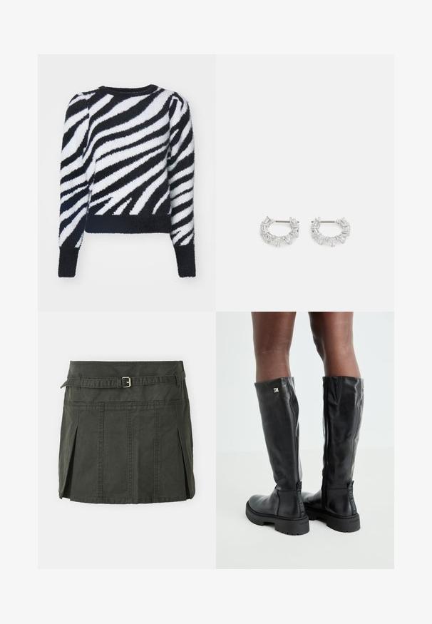 Schwarz-weißes, flauschiges Sweatshirt mit Zebramuster, rundem Ausschnitt und langen Ärmeln, mit verkürztem Saum und weicher Textur.; Dunkelgrüner Baumwoll-Minirock mit einem eng anliegenden Bund, einem Gürtel und vorderen Falten. Verfügt über Steppdetails und einen klassischen Schnitt.; Schwarze knielange Lederstiefel mit glatter Textur, abgerundetem Zeh, robustem Absatz und Reißverschluss. Mit silbernem Logo an der Seite.; Silberne Creolen mit klaren, rechteckigen und dreieckigen Kristallen, die in einem gemusterten Design angeordnet sind. Sicherer Halt durch Stecker.