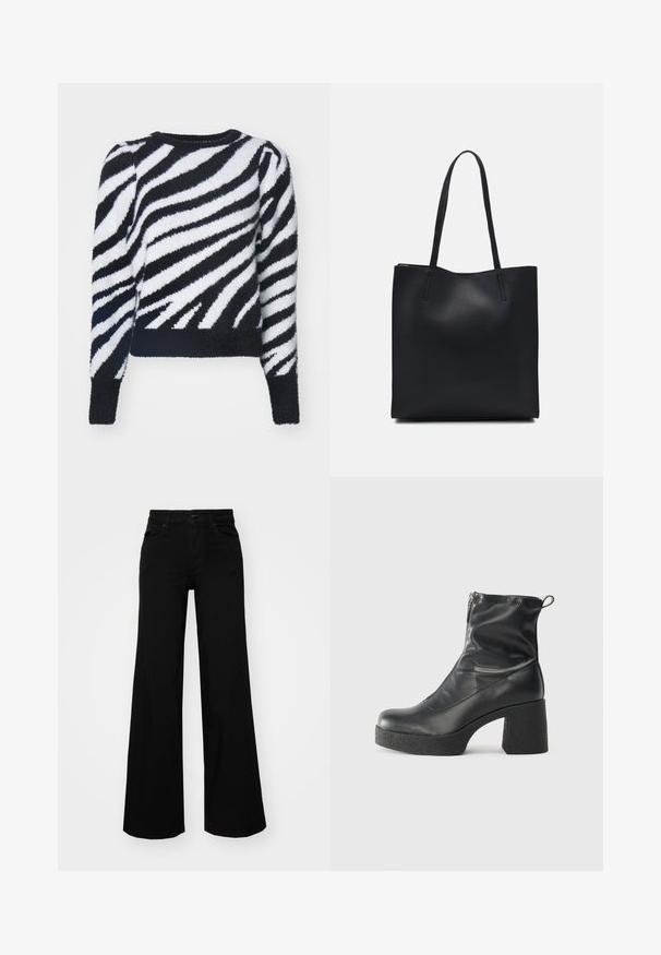 Melnā un baltā svītraina džempera ar zebra svītru rakstu, ar apaļu kakla izgriezumu un garām piedurknēm, ar īsu apakšmalu un mīkstu tekstūru.; Melni plaša kāju bikses, izgatavotas no džinsa, ar strukturētu jostu, jostu cilpiņām un priekšējām kabatām. Gluda tekstūra ar klasisku dizainu.; Melni potītes zābaki, kas izgatavoti no gludas ādas, ar sānu rāvējslēdzēju, masīvu strukturētu papēdi un noapaļotu purngalu.; Melnas ādas somiņa ar gludu tekstūru, taisnstūra formu un divām garām rokturiem. Nav redzamu aparatūras vai rotājumu.