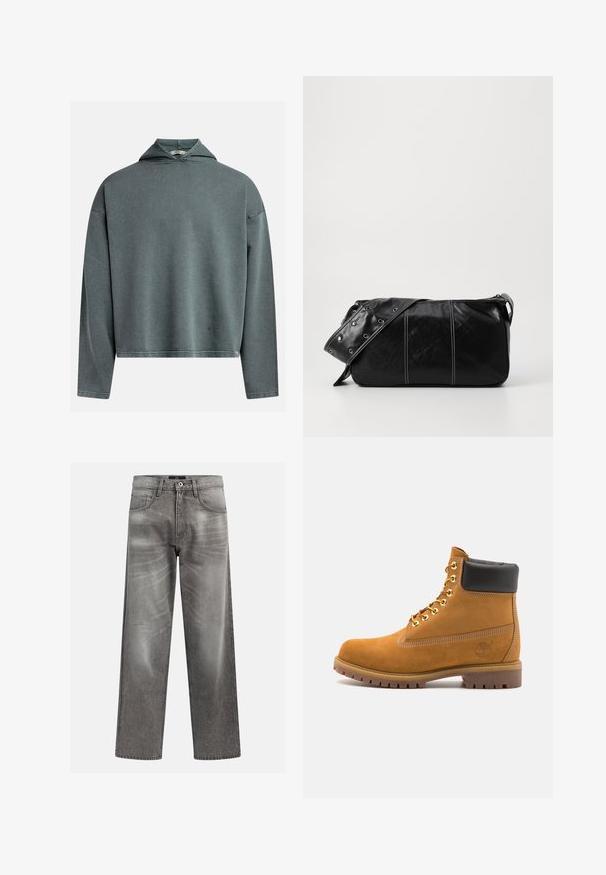 Pilkas-žalias trumpas džemperis su tekstūruotu audiniu, ilgomis rankovėmis ir trikampiu gobtuvu. Turi siūlėtą apatinę dalį ir etiketę šone.; Kreminės spalvos medvilninė marškinė su trumptomis Rankovėmis ir apvaliu iškirpimu. Su grafiniu spausdinimu mėlynos ir raudonos spalvos su tekstu ir motyvu.; Pilkos džinsinės kelnės su laisvu siluetu, turinčios plaukų ir išblukimo detalių, klasikinis penkių kišenių dizainas ir mygtukų uždarymas.; Tan spalvą turintys suknelės batus iki kulkšnies su juodu paminkštintu apvadu, auksiniais metaliniais akių užsegimais, baltais siūlų dekoratyviniais elementais ir tvirtu guminiu padu su ryškiai išreikštais raštais.; Juodas odinis pečių krepšys su užtrauktuku, turintis tekstūruotą paviršių, baltą siuvinėjimą ir dirželį su sidabinėmis metalinėmis detalėmis.