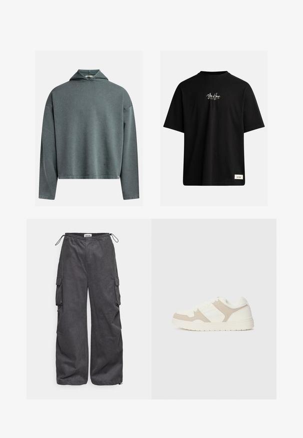 Haut à capuche court gris-vert en tissu texturé, avec des manches longues et une capuche triangulaire. Dispose d'un ourlet cousu et d'une étiquette sur le côté.; T-shirt noir à manches courtes en coton. Présente un petit logo blanc sur la poitrine et une étiquette rectangulaire en bas à droite.; Pantalons cargo gris en tissu texturé, avec une taille élastique, un cordon de serrage et des poches latérales. Coupe ample avec des jambes larges.; Baskets blanches et beiges présentant une combinaison de textures lisses et en daim, un bout rond, un système de laçage et une semelle en caoutchouc plate.