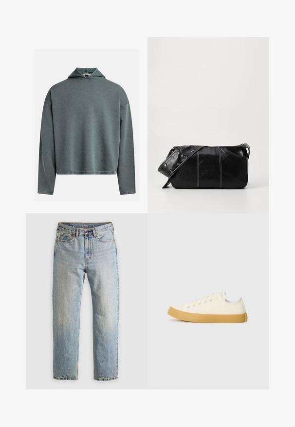 Grau-grüner, kurz geschnittener Hoodie aus strukturiertem Stoff, mit langen Ärmeln und einer dreieckigen Kapuze. Verfügt über einen genähten Saum und ein Etikett an der Seite.; Helle blaue Jeans mit hoher Taille, Frontknopf, Reißverschluss und fünf Taschen-Design, flach auf einem neutralen Hintergrund ausgelegt.; Leinensneaker in Off-White mit runder Zehenpartie, ausgestattet mit beigen Gummisohlen und fünf Ösen für Schnürsenkel, mit strukturiertem Finish auf dem Obermaterial.; Schwarze Leder Schultertasche mit Reißverschluss, ausgestattet mit einer strukturierten Oberfläche, weißen Nähten und einem Tragegurt mit silbernen Ösen.