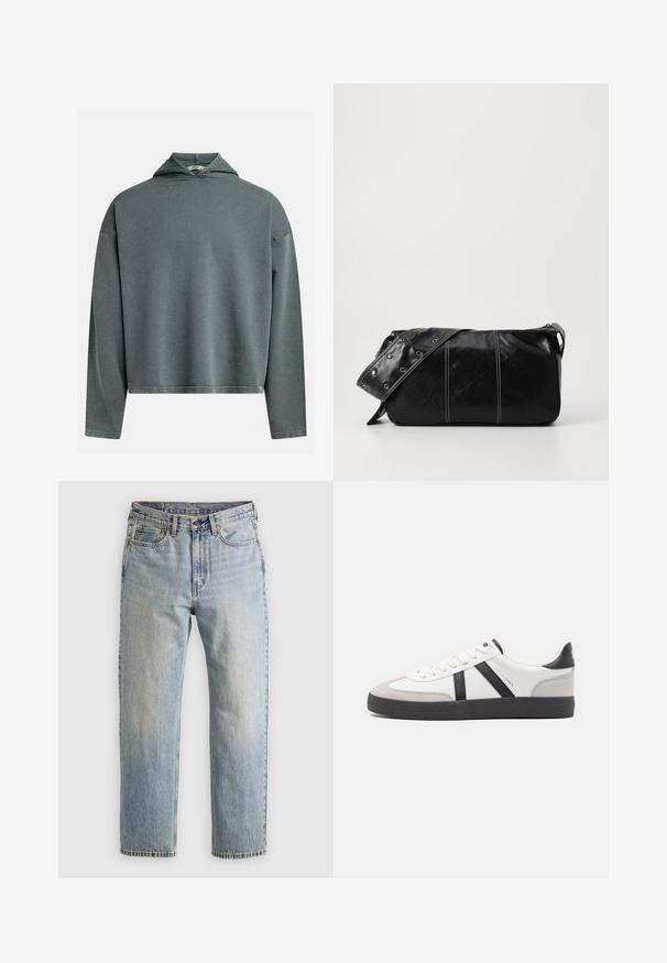 Gray-green cropped hoodie with a textured fabric, long sleeves, and a triangular hood. Features a stitched hem and a label on the side.; Light blue denim jeans with high waist, front button, zipper, and five-pocket design, laid flat on a neutral background.; White sneaker with black and gray accents, featuring a textured gray toe cap, black rubber sole, and flat white laces. Clean design, minimalist style.; Black leather shoulder bag with a zip closure, featuring a textured body, white stitching, and a strap with silver grommets.