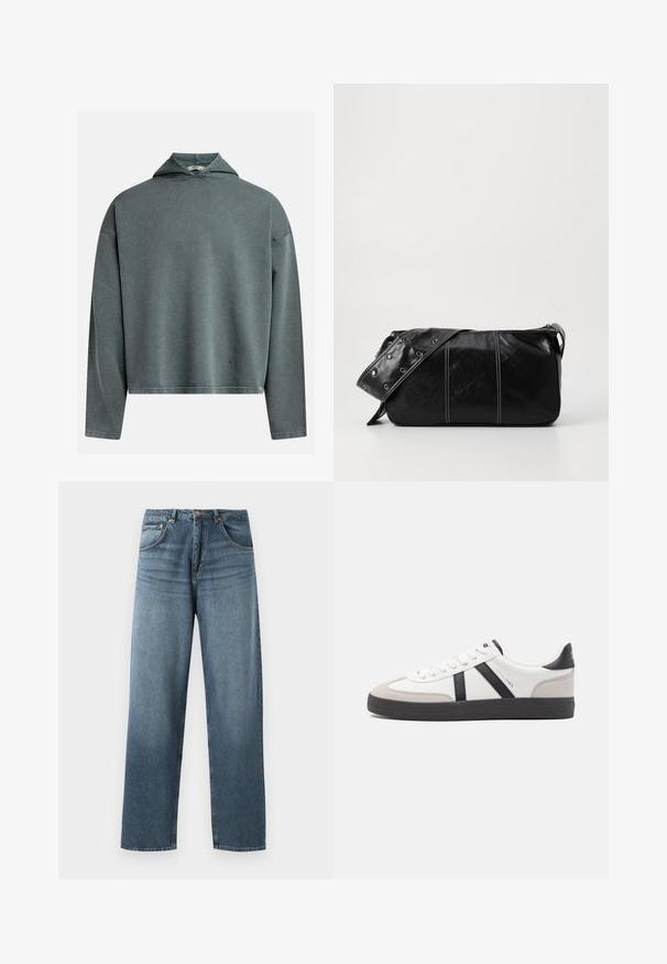 Grågrøn cropped hoodie med tekstureret stof, lange ærmer og en trekantet hætte. Har en syet kant og et mærke på siden.; Lige ben blå denim jeans med en falmet vask, der har fem lommers design, metallisk knap og bæltestropper. Struktureret, medium vægt stof.; Hvide sneakers med sorte og grå detaljer, med en tekstureret grå tåhætte, sort gummisål og flade hvide snørebånd. Rent design, minimalistisk stil.; Sort læder skuldertaske med lynlås, der har en tekstureret overflade, hvid syning og en rem med sølvøskner.