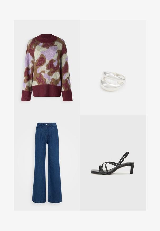 YAS YASTORIO - Džemperis - port; Mėlynos plačios džinsinio audinio kelnės su aukšta juosmens linija, priekyje mygtukas ir užtrauktukas, bei priekinės ir užpakalinės kišenės prieš paprastą foną.; Juodi šlepetės su kvadratiniu pirštu ir žemu bloku kulnu. Yra keli ploni dirželiai ir reguliuojamas kulkšnies diržas. Pagaminti iš lygios odos.; Sidabrinis dvigubas žiedas su lygiu, poliruotu paviršiumi. Pasižymi sklandžiu, kreiptu dizainu su persipinančiomis dalimis, suteikiančiomis modernų išvaizdą.