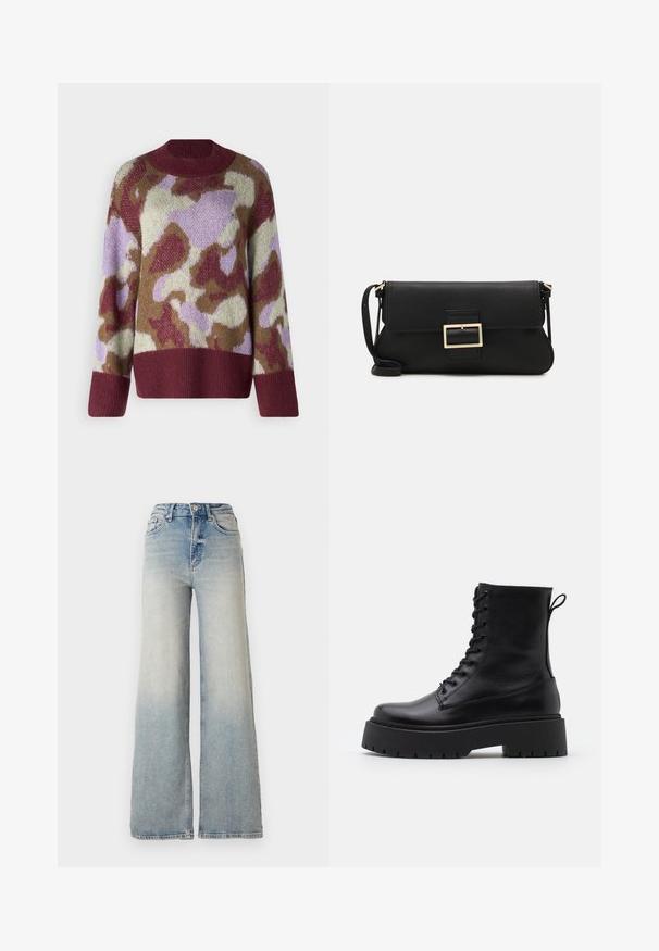 YAS YASTORIO - Strickpullover - port; Hellblaue weit geschnittene Jeans aus Denim, mit hoher Taille, fünf Taschen und sichtbaren Nähten entlang der Säume.; Schwarze Lederstiefeletten mit runder Zehenpartie, Schnürung vorne und einer dicken Gummisohle mit strukturiertem Profil. Mit Zugschlaufe an der Rückseite.; Schwarze Leder-Clutch mit Klappe und goldfarbenem Metallschnallen-Detail. Enthält einen schwarzen Riemen und ein schlankes, minimalistisches Design.; Goldfarbene Ohrringe in Form von dünnen, runden Kreolen, mit einer glatten, metallischen Oberfläche und ohne Verzierungen oder Muster.