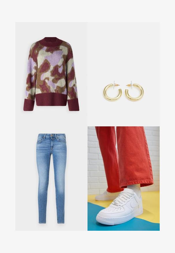 YAS YASTORIO bordowy; Jasnoniebieskie rurki denimowe z delikatnym wyblaknięciem, pięć kieszeni i zapięcie na guzik z przodu. Wykonane z denimu o gładkiej fakturze.; Białe skórzane sneakersy z perforowanym czubkiem, teksturowaną podeszwą i białymi sznurowadłami, w połączeniu z szerokimi czerwonymi spodniami na niebiesko-żółtym tle.; Złote kolczyki w kształcie kółek o gładkim, błyszczącym wykończeniu. Okrągły design z małym klipsem i przezroczystym zapięciem zapewniającym bezpieczne noszenie.