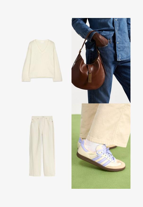 Suéter de punto crema con escote en V y mangas largas, que presenta puños y bajo acanalados, con un ajuste relajado y ligeramente corto.; Pantalones de pierna ancha color crema claro elaborados con una tela texturizada. Presentan un cierre de botón, remaches en tono cobre y cuatro bolsillos.; Zapatillas de crema y lavanda con tres rayas y una suela marrón texturizada, que cuentan con cordones y un talón acolchado. Parte superior de tela suave.; Bolso hobo de cuero marrón con forma redondeada, que cuenta con un acento de hardware dorado y costuras en contraste. Combinado con una camisa de mezclilla y vaqueros.
