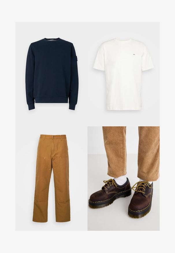 Marineblauwe sweatshirt van katoenmix. Heeft een ronde hals, lange mouwen, geribbelde manchetten en een logo-label op de linker mouw.; Witte katoenen t-shirt met ronde hals, korte mouwen en een klein zwart "W.W." logo op de linkerborst. Gladde textuur, reguliere pasvorm.; Bruine katoenen utility broeken met een rechte pijpdesign, voorzien van voorzakken en metalen hardware accenten voor extra duurzaamheid.; Bruine leren schoenen met gele stiksels, ronde neus, dikke platformzool en contrasterende zwarte accenten. G gedragen met witte sokken en corduroypantalons.