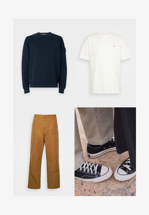 Marineblauwe sweatshirt van katoenmix. Heeft een ronde hals, lange mouwen, geribbelde manchetten en een logo-label op de linker mouw.; Witte katoenen t-shirt met ronde hals, korte mouwen en een klein zwart "W.W." logo op de linkerborst. Gladde textuur, reguliere pasvorm.; Bruine katoenen utility broeken met een rechte pijpdesign, voorzien van voorzakken en metalen hardware accenten voor extra duurzaamheid.; Zwarte canvas sneakers met witte rubberen neuzen en veters. Contrasterende stiksels en metalen oogjes voegen detail toe. Gecombineerd met beige broek en zwarte stof.