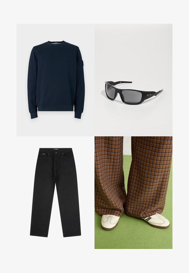 Navy blue sweatshirt made from cotton blend. Features a crew neck, long sleeves, ribbed cuffs, and a logo tag on the left sleeve.; Black straight-leg jeans with front button and zipper, belt loops, and five-pocket design, laid flat on a white background.; Brown and blue plaid wide-leg trousers paired with white shoes featuring black accents and textured soles, set against a green background.; Black sunglasses with a rectangular shape, made of durable plastic, featuring gray tinted lenses and a gold accent on the side.