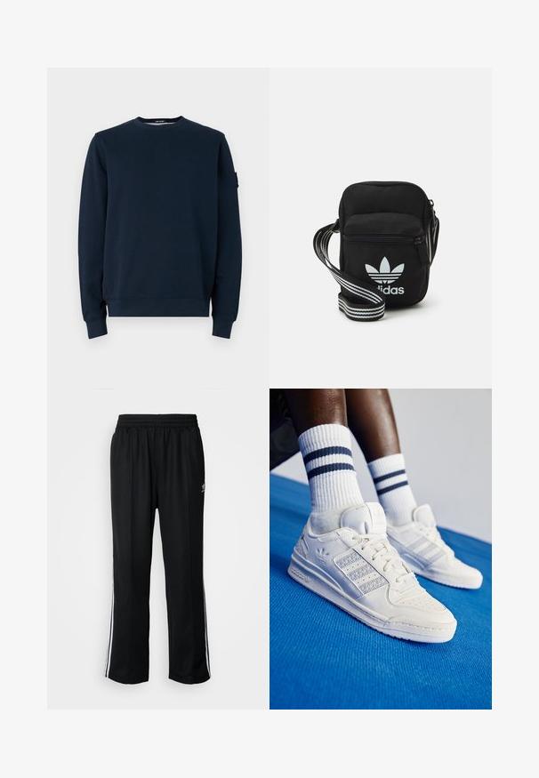 Felpa blu navy realizzata in misto cotone. Presenta un collo a giro, maniche lunghe, polsini a coste e un'etichetta con logo sulla manica sinistra.; Pantaloni da allenamento neri con elastico in vita, dotati di bande laterali bianche e un piccolo logo. Il materiale sembra morbido e leggero.; Sneaker bianchi in pelle con dettagli perforati, tre strisce metalliche e un pannello laterale testurizzato. Indossati con calzini bianchi con strisce blu.; Borsa a tracolla in tessuto nero con chiusura a zip, caratterizzata da un logo Adidas bianco e una tracolla regolabile a righe per un facile trasporto.