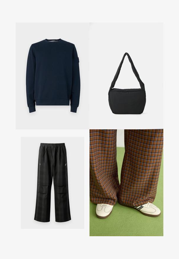 Hanorac de culoare albastru marin, realizat dintr-un amestec de bumbac. Prezintă un guler rotund, mâneci lungi, manșoane ribbate și un eticheta cu logo pe mâneca stângă.; Pantaloni cu un model carourile negre, având talie elastică, două buzunare frontale și un croi lejer cu picioare drepte. Construiți dintr-un material ușor.; Pantaloni largi cu carouri maro și albastru, asociați cu pantofi albi cu accente negre și tălpi texturate, împotriva unui fundal verde.; Geantă de umăr neagră cu o textură căptușită, formă rotundă și un bretele lată, având un logo embosat pe față.