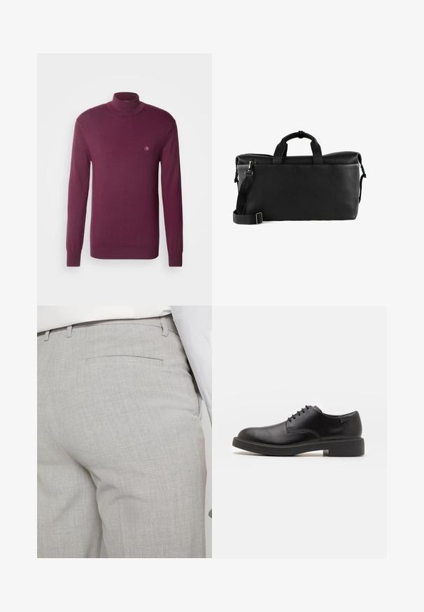 Burgunderfarbener Rollkragenpullover aus weichem Stoff mit langen Ärmeln, gerippten Bündchen und einem kleinen Logo auf der Brust. Schlichtes und modernes Design.; Hellgraue, maßgeschneiderte Hose aus strukturiertem Stoff, mit einer einzelnen Gesäßtasche und sauberer Nahtführung.; Schwarzer Leder-Schnürschuh mit abgerundetem Zeh, glatter Textur, minimaler Naht und niedrigem Gummiabsatz. Logo auf der Ferse.; Schwarze Ledertasche mit strukturiertem Oberflächen, doppelten Griffen, verstellbarem Schultergurt und Reißverschluss oben. Schlichte Logoschrift auf der Vorderseite.