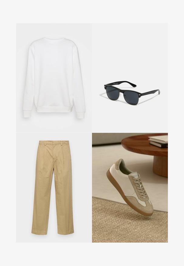 Sudadera blanca de cuello redondo con mangas largas, puños y dobladillo acanalados. Textura suave, diseño sencillo, sin logos o patrones visibles.; Pantalones de algodón beige con un diseño de pierna recta, que cuentan con pliegues frontales y bolsillos laterales. La tela tiene una textura suave y lisa.; Zapatillas ligeras con parte superior de cuero blanco y detalles en gamuza beige, punta redonda y suela de goma marrón texturizada.; Gafas de sol negras con forma rectangular, lentes oscuros, detalles plateados en las patillas y un acabado mate en la montura.