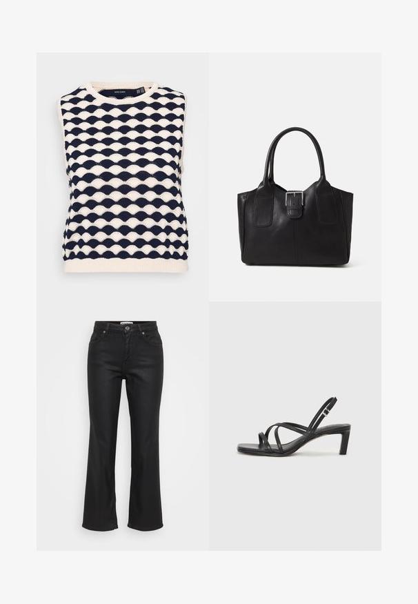 Pulover fără mâneci, tricotat, în nuanțe de albastru marin și crem, cu un model texturat în valuri. Guler rotund și tiv rib. Fabricat dintr-un material tricotat moale.; Jeanși negri evazați din denim, cu închidere frontală cu nasture, cinci buzunare și o textură netedă, ușor lucioasă.; Sandal cu barete negre, cu vârf pătrat și toc mic de bloc. Prezintă mai multe barete subțiri și o bareta ajustabilă la gleznă. Fabricat din piele netedă.; Geantă tote din piele neagră cu textură netedă, formă structurată, două mânere și un detaliu proeminent din aliaj de argint pe partea din față.