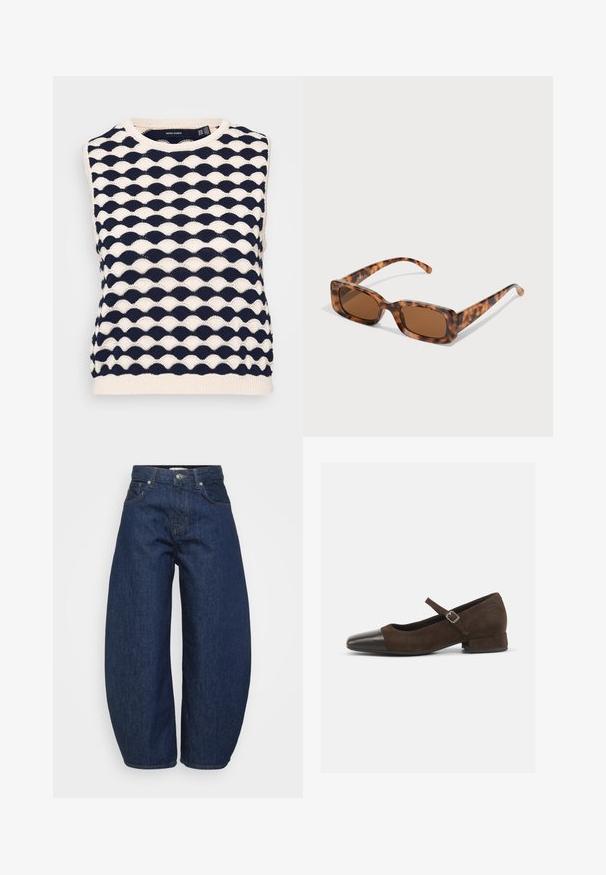 Námorně modrý a krémový bezrukávový pletený svetr se strukturovaným vlnitým vzorem. Kulatý výstřih a ribbed lem. Vyrobeno ze měkké pletené tkaniny.; Džíny s vysokým pasem, tmavě modré, široké nohavice, zapínání na přední knoflík a zip, a klasický pětikapsový design.; Hnědé semišové boty Mary Jane s černým lakovaným špičkou, nastavitelným páskem a nízkým blokovým podpatkem. Hladká textura s minimálními akcenty.; Kočičí brýle se želvovinovým vzorem, obdélníkové hnědé čočky, silný rám a úzké nožičky s různými odstíny hnědé.