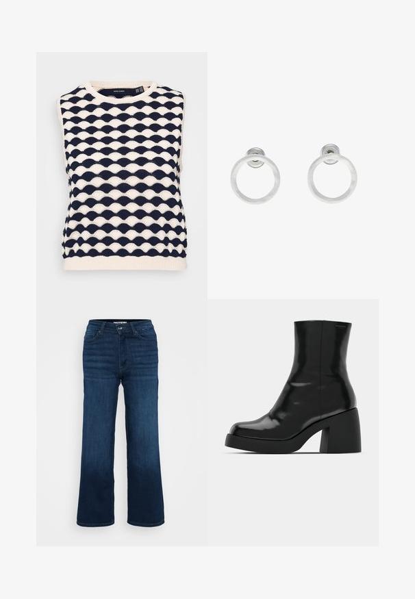 Marineblauer und cremefarbener ärmelloser Strickpullover mit einem strukturierten, wellenförmigen Muster. Runder Halsausschnitt und gerippter Saum. Hergestellt aus weich gestricktem Material.; ONLY Petite ONLMADISON BLUSH WIDE - Wide Leg - dark blue denim; Schwarze Stiefeletten mit glänzender Oberfläche, quadratischer Zehenpartie und dicker Blockabsatz. Das Design zeichnet sich durch eine nahtlose Silhouette und minimalistische Markenkennzeichnung aus.; Silberne Metall-Hoops Ohrringe mit gebürsteter Oberfläche, die ein kreisförmiges Design aufweisen und mit einem klaren Steckverschluss für einen sicheren Halt ausgestattet sind.