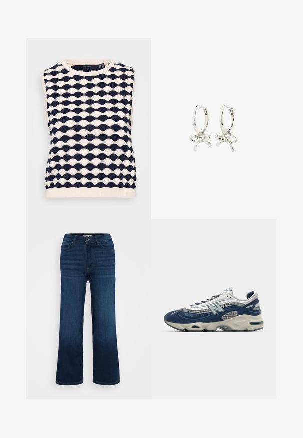 Mornarsko modra in kremasta brezrokavna pletena pulover z valovitim teksturiranim vzorcem. Okrround izrez in rebrast rob. Narejen iz mehkega pletenega materiala.; ONLY Petite ONLMADISON BLUSH WIDE - Široke hlačnice - dark blue denim; Tenisice New Balance 1000 v mornarsko modri in sivi mrežasti tkanini, z blaženim podplatom, teksturiranimi detajli in izstopajočim logotipom na strani.; Srebrni uhani v obliki obroča z obliko pentlje, z gladko površino in poliranim teksturo. Kompaktna, minimalistična zasnova primerna za različne priložnosti.