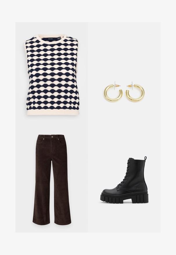 Mornarsko plava i krem slatka bez rukava, pletena puloverica s teksturiranom valovitom šablonom. Okrugla izreza i rebrasti rub. Izrađena od mekanog pletenog materijala.; Vero Moda Petite VMTESSA PANTS - Hlače - chocolate torte; Crne kožne gležnjače s debelim, rebrastim potplatom, vezanjem sprijeda i uzicom za povlačenje na glatkoj bijeloj podlozi.; Zlatne kružne naušnice s glatkom, sjajnom završnom obradom. Kružni dizajn s malom potporom i prozirnom podlogom za sigurno nošenje.