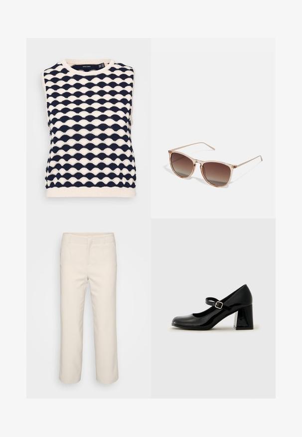 Tumedat ja kreemjad ilma varrukateta kudum, millel on tekstureeritud laineline muster. Ümar kaelus ja soonikkoes ääris. Valmistatud pehmest kudumstoffist.; Beige, kohandatud püksid otsejalaga, lamedalt esiosaga ja kahe küljetaskuga. Valmistatud siledast kangast puhtal viimistlusel.; Must musta nahk kingad Mary Jane stiilis, ümarate varvastega, reguleeritava rihmaga ja paksu ristküliku kujulise kontsaga. Sile tekstuur läikiva viimistlusega.; Prunade gradientiga prillid koos poolka sellest roosast raamistikust, ruudukujulised ning õhukeste metallist kätega. Omab ümarate servadega ja minimaalset detailide taset.