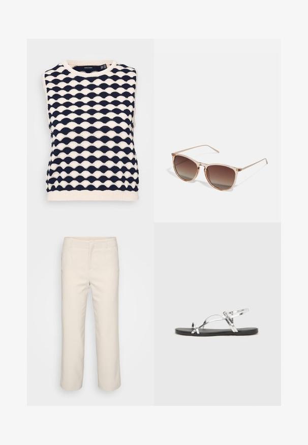 Jūras flotes un krēmu bezpiedurkņu adīta zeķe ar teksturētu viļņveida rakstu. Apaļa kakla izgriezums un ribota apakša. Izgatavota no mīksta adīta auduma.; Beige, pieguļoši bikses ar taisnu kāju dizainu, plakano priekšpusi un divām sānu kabatām. Izgatavotas no gludas auduma ar tīru apdari.; Sudraba metāla sandales ar minimālistisku dizainu, kurām ir plānas siksnas un melna plakanā zole. Uzsvari ir krusteniskās siksnas akcenti.; Brūna gradienta saulesbrilles ar caurspīdīgu rozā rāmi, kvadrātveida forma un plānas metāla kājas. Iespējamās noapaļotas malas un minimāls dizains.