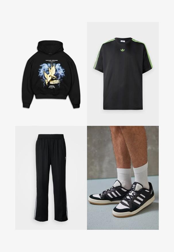 Juoda kapučinė prasmė su grafinio danguje vaizduojančių balandžių, priešais audringą mėlyną foną su žaibais. Tekstas sako "VINTAGE DREAMS."; Juodas marškinėliai, pagaminti iš lygios medžiagos, su apykakle, turinčia tris žalias juosteles ant pečių ir mažą žalią logotipą ant krūtinės.; Juodi sportiniai keliai su elastingu juosmeniu, su baltais šonais ir mažu logotipu. Atrodo, kad medžiaga yra minkšta ir lengva.; Juodos ir baltos sportinės bateliai su zomšiniu ir odiniu viršumi, su trimis baltomis juostelėmis, perforuota koja ir guminėmis padais.