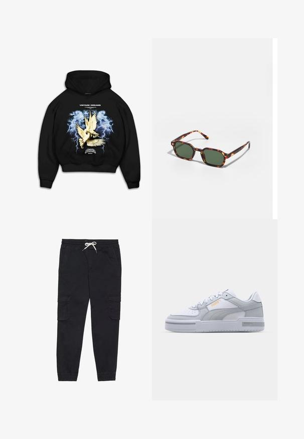 Schwarzer Kapuzenpullover mit einem grafischen Druck von Tauben vor einem stürmischen blauen Hintergrund mit Blitz. Der Text lautet "VINTAGE DREAMS."; Schwarze Cargo-Hosen aus Baumwolle mit einem elastischen Bund und Kordelzug, seitlichen Taschen und schmal zulaufenden Bündchen.; Graue und weiße Sneaker mit einem Obermaterial aus glattem Leder, perforierter Zehenpartie, Schnürverschluss, strukturierten Akzenten und einem dezenten goldenen Logo.; Schildpatt-Sonnenbrille mit grünen Gläsern, in einer achteckigen Form und schlanken, gebogenen Bügeln. Das Material hat eine glänzende Oberfläche.
