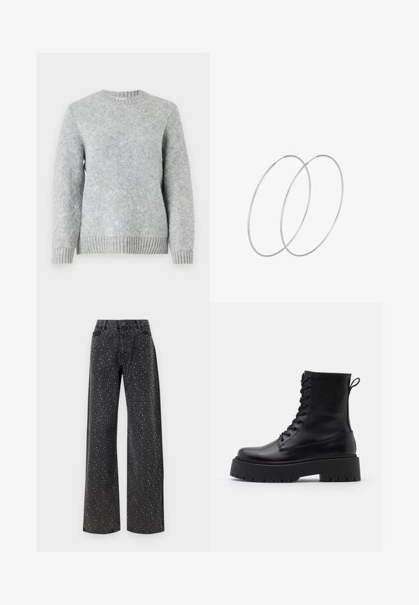 Grå tröja med ett diamantmönster, ribbad rund halsringning och mudd, tillverkad av ett mjukt, något glittrigt stickat material.; Noisy May NMJANNEL LOOSE - Jeans relaxed fit - black denim; Svarta läderankelboots med rund tå, snörning framtill och en tjock gummisula med strukturerat mönster. Dragflik bak.; Silverfärgade hoopörhängen med en minimalistisk design. Cirkulär form, slät yta och tunn profil. Lätta med en polerad finish.