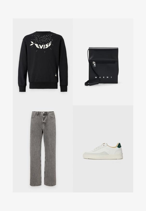 Μαύρο φούτερ ναυτικό από βαμβάκι με στρογγυλή λαιμόκοψη. Διαθέτει μια μεγάλη λευκή γραφιστική σχεδίαση και διάσπαρτους τελείες τονισμούς στο στήθος.; Γκρίζα τζιν παντελόνια με ίσια γραμμή, σχέδιο πέντε τσεπών και κουμπί στη μέση. Ελαφρώς θαμπή υφή σε όλη την επιφάνεια.; Λευκά sneakers με σουέτ λεπτομέρειες, στρογγυλή μύτη, επίπεδα κορδόνια και κρέμα από καουτσούκ σόλα. Διαθέτει πράσινη επωνυμία στη φτέρνα.; Μαύρη δερμάτινη τσάντα χιαστί με φερμουάρ στην μπροστινή τσέπη, ανάγλυφο λογότυπο και ρυθμιζόμενο λουρί. Λείος υφάσματος με δομημένο σχήμα.