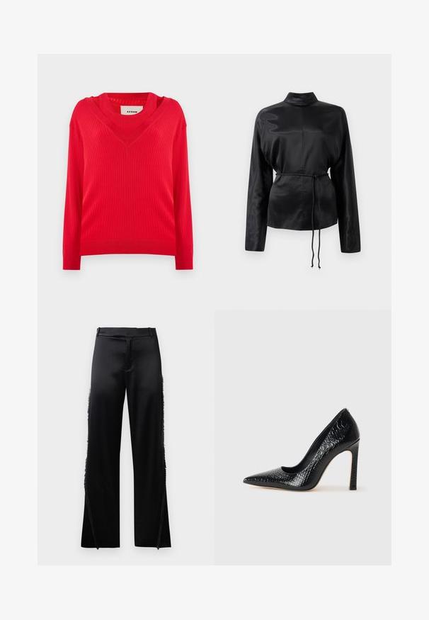 Maglione rosso a coste con scollatura a V e maniche lunghe. Presenta una vestibilità leggermente cropped e un tessuto lavorato a maglia texturizzato.; Camicia nera in satin con maniche lunghe e colletto alto, vita aderente e dettaglio con cordoncino regolabile. Texture liscia con una finitura elegante.; Pantaloni in satin nero con gambe larghe, caratterizzati da dettagli in frange lungo le cuciture laterali e una cintura piatta in vita. Retro semplice senza tasche.; Scarpa nera con punta a punta alta in pelle di coccodrillo, caratterizzata da un design elegante, alto tacco a spillo e interno nero liscio.