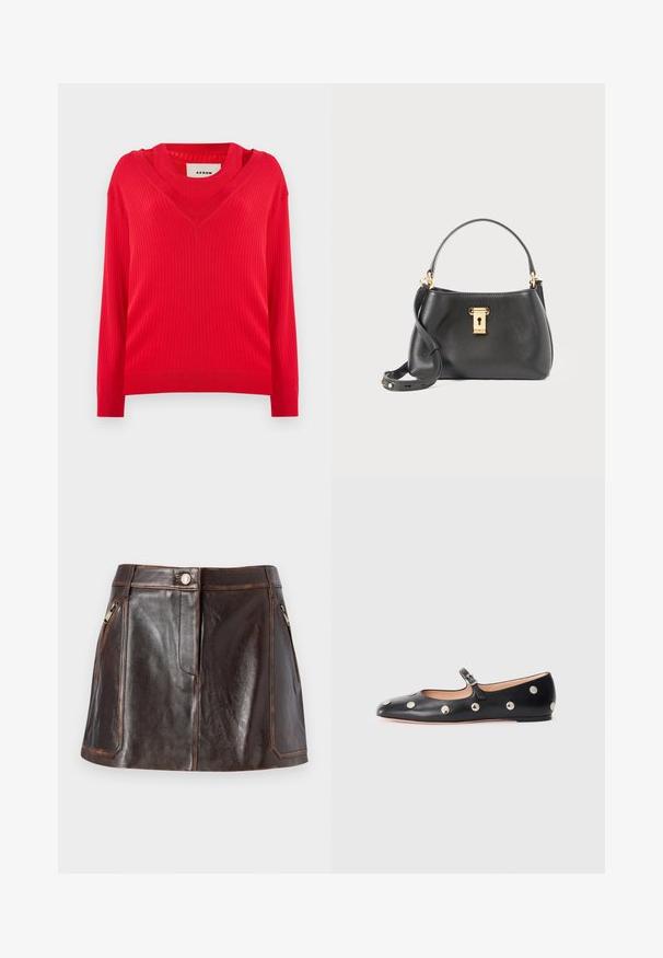 Maglione rosso a coste con scollatura a V e maniche lunghe. Presenta una vestibilità leggermente cropped e un tessuto lavorato a maglia texturizzato.; Mini gonna in pelle marrone con un design elegante, due tasche laterali con zip e cuciture a contrasto lungo i bordi.; Scarpa flat nera in pelle tipo Mary Jane con punta arrotondata, caratterizzata da borchie circolari argentate e una fascia regolabile con fibbia.; Borsa a mano in pelle nera con una finitura testurizzata, dotata di chiusura a lucchetto dorato, manico corto e tracolla staccabile.