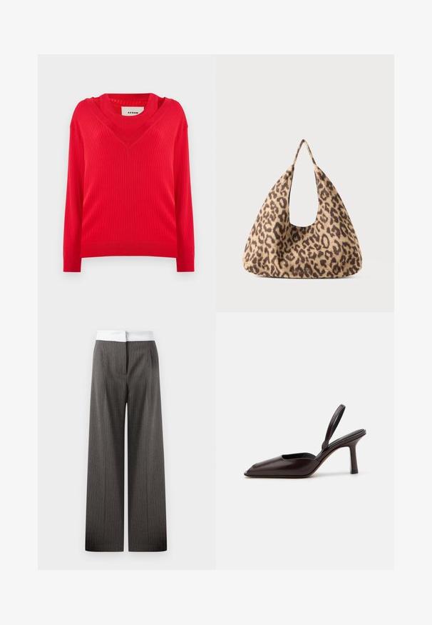 Červený žebrovaný svetr s výstřihem do V a dlouhými rukávy. Má mírně zkrácený střih a texturovanou pleteninu.; Svetle šedé kalhoty s širokými nohavicemi a vertikálními proužky. Pás je bílý a elastický, což vytváří kontrastní detail.; Hnědá lakovaná slingback lodička s špičatou špičkou a úzkým vysokým podpatkem. Má elegantní design a hladký povrch.; Taška s leopardím vzorem vyrobená z měkkého materiálu, s jedinečným trojúhelníkovým tvarem a velkým otevřeným držadlem a hladkým povrchem.