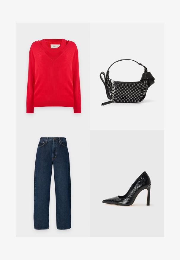 Roter gerippter Pullover mit V-Ausschnitt und langen Ärmeln. Verfügt über einen leicht verkürzten Schnitt und ein strukturiertes Strickgewebe.; Weite blaue Denim-Jeans mit hoher Taille, klassischem Fünf-Taschen-Stil und kontrastierenden Nähten entlang der Nähte.; Schwarzer, spitz zulaufender High Heel mit Krokodilleder-Struktur, elegantem Design, hohem Stiletto-Absatz und glattem schwarzen Innenraum.; Schwarze Handtasche mit Nietenverzierungen, einer Kettenriemen und einem glatten Ledergriff, in runder Form und mit einem Reißverschlussfach.